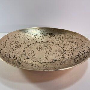 Vintage Chinese Brass Hand Etched Dragon Bowl 9" across